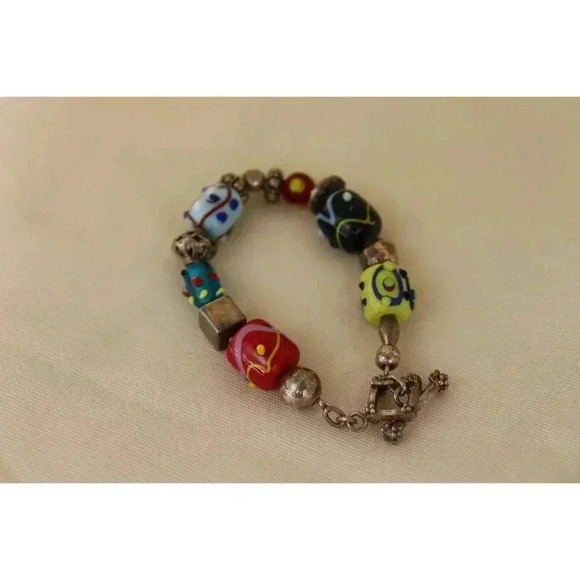Silver and art glass bead bracelet‎ 925 colorful 8 inch, multicolored gift hobo - Picture 5 of 6